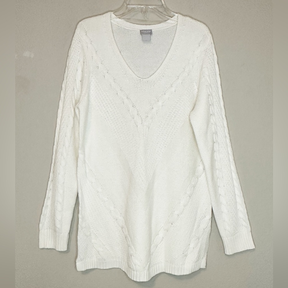 Chico's Zenergy Women’s Cream Cable Embroidered V-neck Pull Over Sweater - 1/M